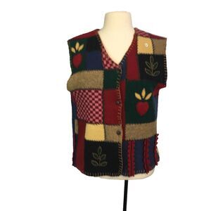 River Art Vintage Red Blue Tan Wool Patchwork Knit Button Sweater Vest M 38 bust